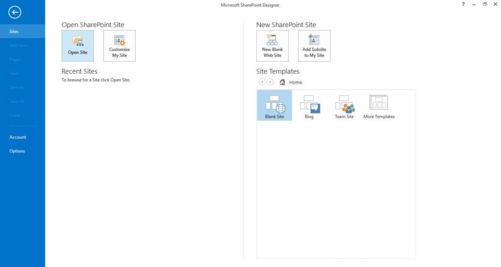 open new site in sharepoint designer 2013