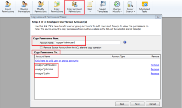 Copy / grant the same permissions of source account to single or multiple accounts on selected shares