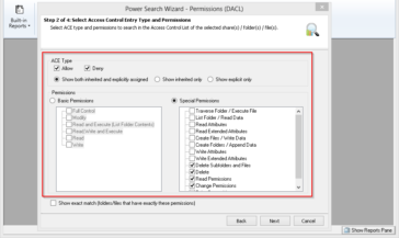 Perform conditional search queries of NTFS files and folder permissions
